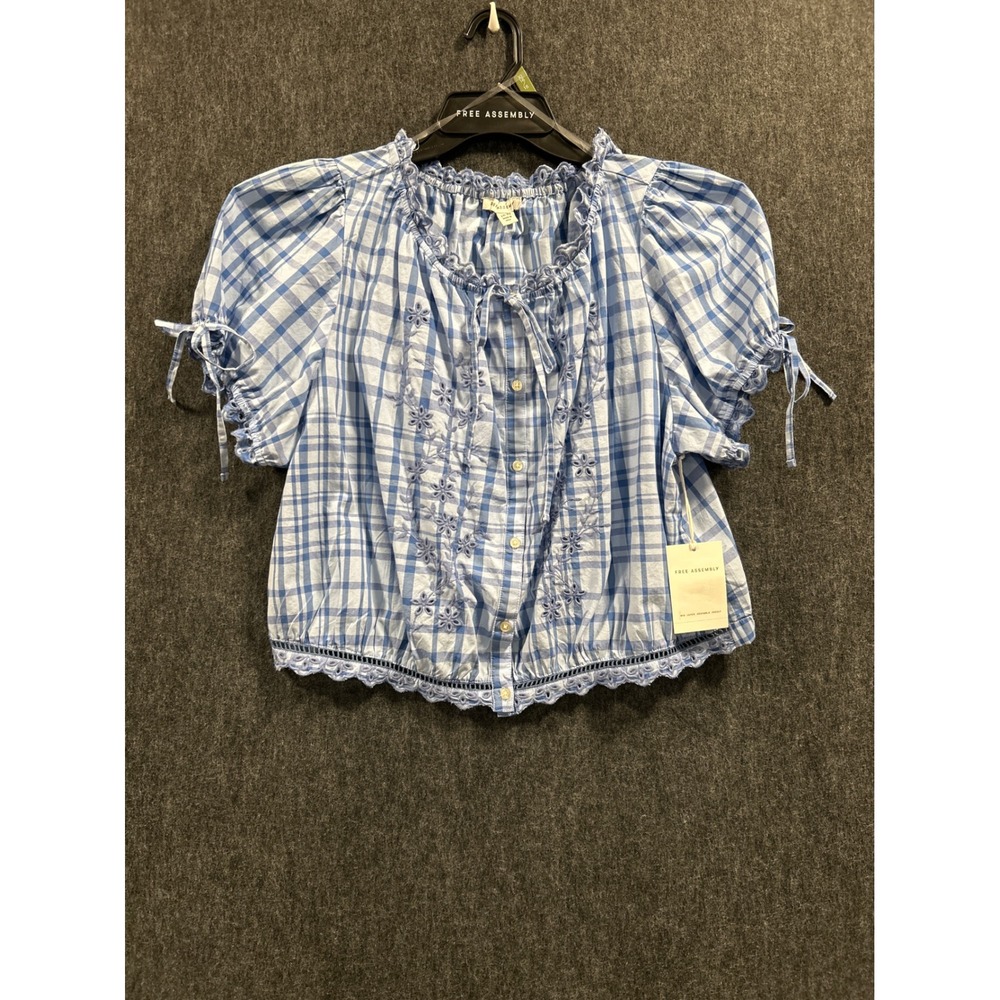 Free Assembly Womens XL Gingham Embroidered Crop‎ Top Blue White Puff Sleeve NWT